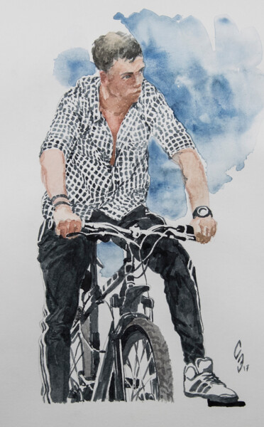 Drawing titled "Cyclist. Sketch" by Sergey Sovkov, Original Artwork, Watercolor