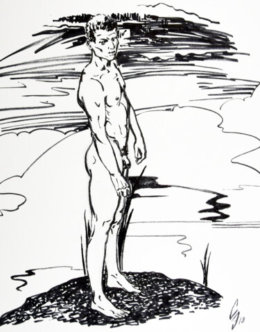 Zeichnungen mit dem Titel "By the Quiet Lake" von Sergey Sovkov, Original-Kunstwerk, Tinte