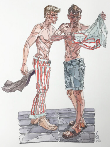 Drawing titled "Brothers" by Sergey Sovkov, Original Artwork, Watercolor