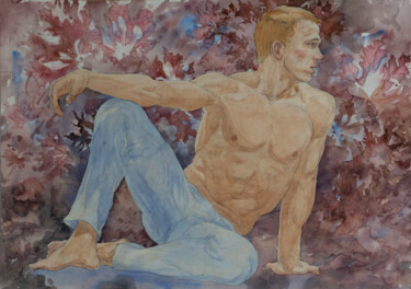 Drawing titled "Autumn and guy" by Sergey Sovkov, Original Artwork, Watercolor