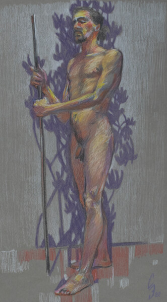 Zeichnungen mit dem Titel "Posing young man" von Sergey Sovkov, Original-Kunstwerk, Conté-Buntstifte