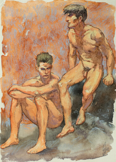 Zeichnungen mit dem Titel "Two young men" von Sergey Sovkov, Original-Kunstwerk, Aquarell