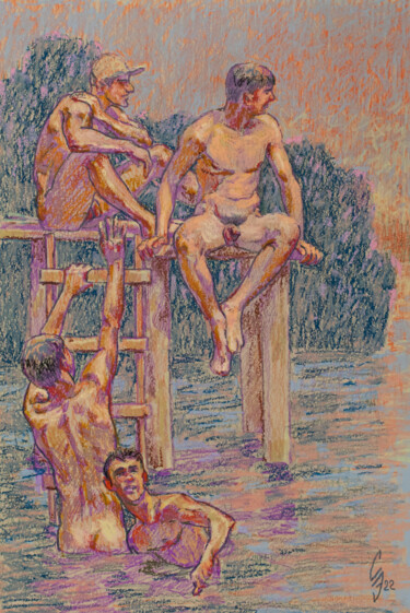 Drawing titled "Friends on the rive…" by Sergey Sovkov, Original Artwork, Pastel