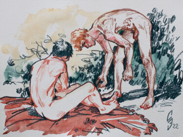 Drawing titled "On a red towel" by Sergey Sovkov, Original Artwork, Watercolor