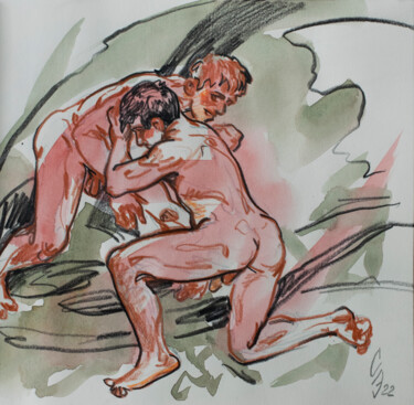 Drawing titled "Wrestlers on the be…" by Sergey Sovkov, Original Artwork, Conté