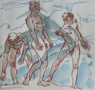 Dessin intitulée "Throwing pebbles" par Sergey Sovkov, Œuvre d'art originale, Aquarelle