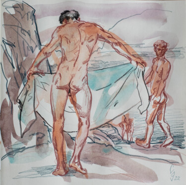Drawing titled "On the beach near t…" by Sergey Sovkov, Original Artwork, Watercolor
