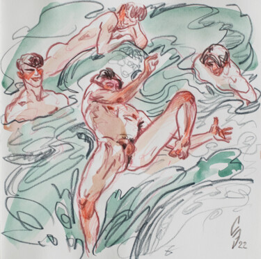 Drawing titled "Water games in the…" by Sergey Sovkov, Original Artwork, Watercolor