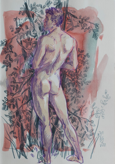 Drawing titled "Young man on the ba…" by Sergey Sovkov, Original Artwork, Watercolor