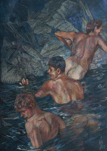 Dibujo titulada "Water boys." por Sergey Sovkov, Obra de arte original, Conté