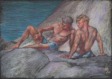 Drawing titled "Two friends on a su…" by Sergey Sovkov, Original Artwork, Conté
