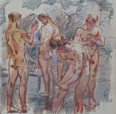 Drawing titled "Four guys in the ba…" by Sergey Sovkov, Original Artwork, Conté
