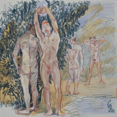 Drawing titled "Vacationers outdoors" by Sergey Sovkov, Original Artwork, Conté