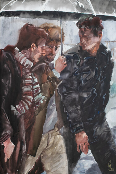 Σχέδιο με τίτλο "Three guys under an…" από Sergey Sovkov, Αυθεντικά έργα τέχνης, Ακουαρέλα