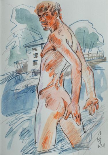 Drawing titled "Bather entering the…" by Sergey Sovkov, Original Artwork, Watercolor