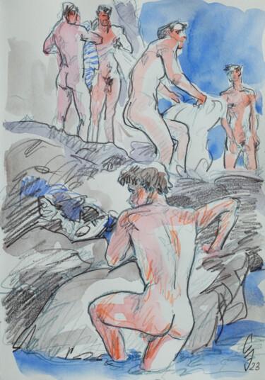 Disegno intitolato "Bathers on the stee…" da Sergey Sovkov, Opera d'arte originale, Matite colorate