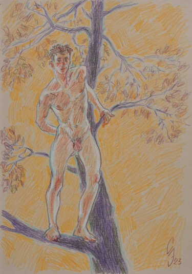 Drawing titled "Guy and tree" by Sergey Sovkov, Original Artwork, Conté