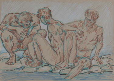 Disegno intitolato "Bathers on the seas…" da Sergey Sovkov, Opera d'arte originale, Matite colorate