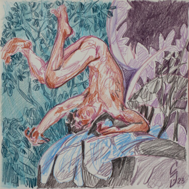 Zeichnungen mit dem Titel "The guy flew upside…" von Sergey Sovkov, Original-Kunstwerk, Conté-Buntstifte