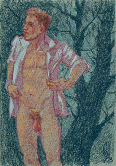 Zeichnungen mit dem Titel "Young man in a whit…" von Sergey Sovkov, Original-Kunstwerk, Conté-Buntstifte