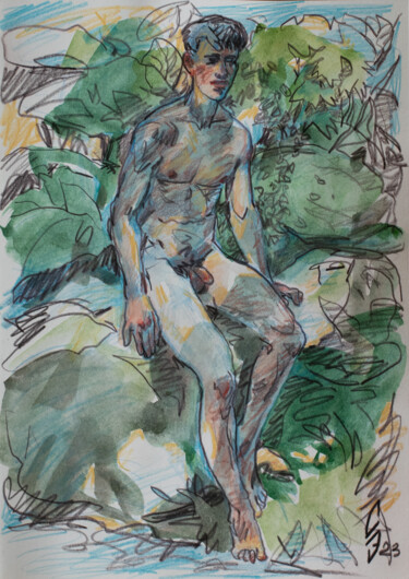 Drawing titled "On moss-covered sto…" by Sergey Sovkov, Original Artwork, Watercolor
