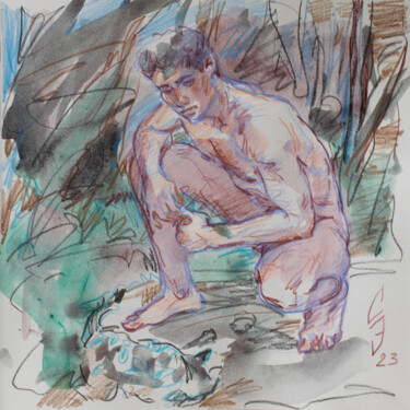 Drawing titled "Guy and cat" by Sergey Sovkov, Original Artwork, Watercolor