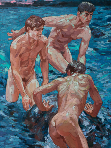 Painting titled "Night bathers" by Sergey Sovkov, Original Artwork, Oil