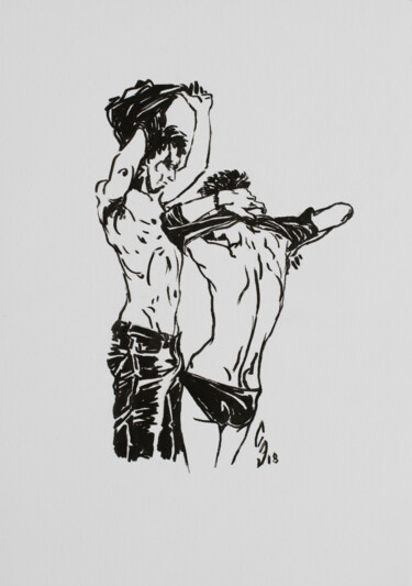 Drawing titled "Undressing boys." by Sergey Sovkov, Original Artwork, Ink
