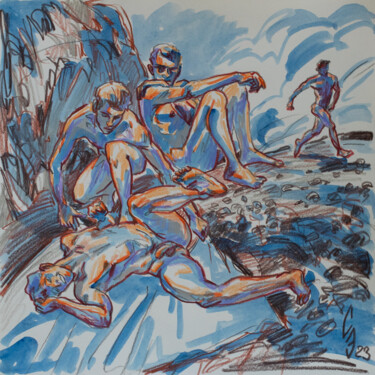 Dessin intitulée "Boys on the rocky s…" par Sergey Sovkov, Œuvre d'art originale, Aquarelle