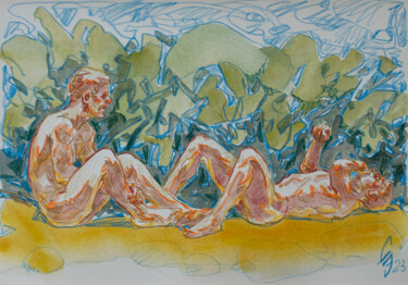 Zeichnungen mit dem Titel "A couple in the sun." von Sergey Sovkov, Original-Kunstwerk, Conté-Buntstifte