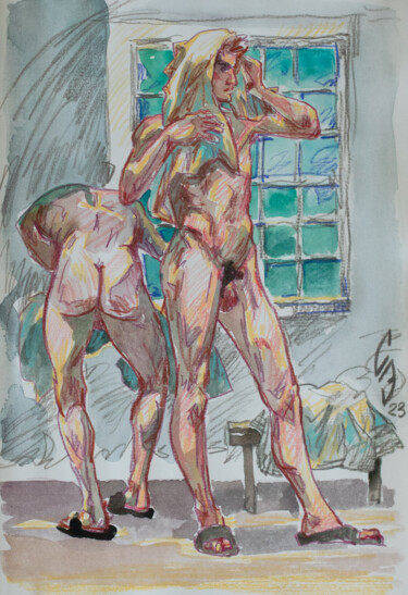 Zeichnungen mit dem Titel "Two people in the d…" von Sergey Sovkov, Original-Kunstwerk, Aquarell