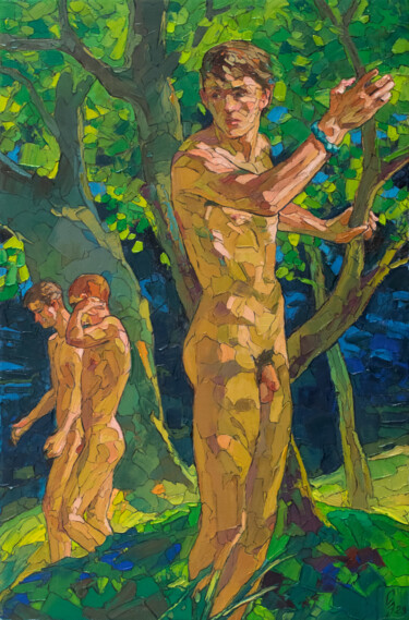 Malerei mit dem Titel "By the forest lake" von Sergey Sovkov, Original-Kunstwerk, Öl