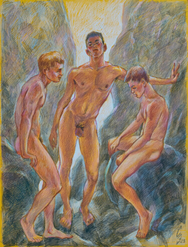 Zeichnungen mit dem Titel "Between the rocks" von Sergey Sovkov, Original-Kunstwerk, Conté-Buntstifte