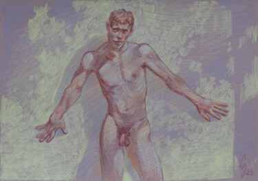 Dessin intitulée "Young man at the wa…" par Sergey Sovkov, Œuvre d'art originale, Conté