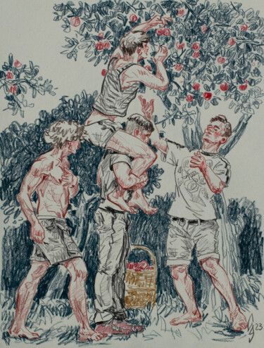 Drawing titled "Apple picking" by Sergey Sovkov, Original Artwork, Conté