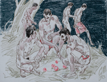 Zeichnungen mit dem Titel "Friends on the rive…" von Sergey Sovkov, Original-Kunstwerk, Conté-Buntstifte