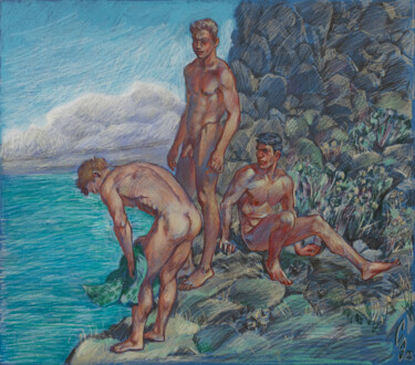 Disegno intitolato "Rocks over the sea" da Sergey Sovkov, Opera d'arte originale, Matite colorate