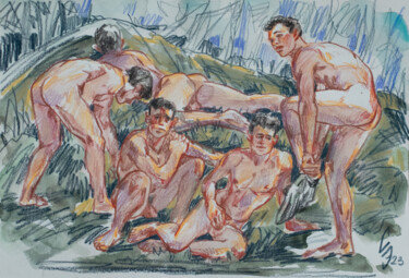 Zeichnungen mit dem Titel "Friends on a nudist…" von Sergey Sovkov, Original-Kunstwerk, Aquarell
