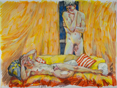 Dessin intitulée "Yellow curtains" par Sergey Sovkov, Œuvre d'art originale, Aquarelle