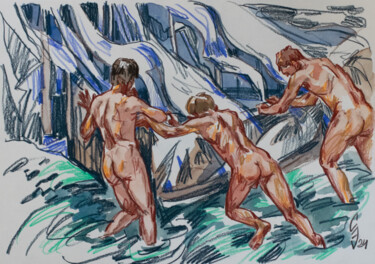 Zeichnungen mit dem Titel "Joint efforts" von Sergey Sovkov, Original-Kunstwerk, Aquarell
