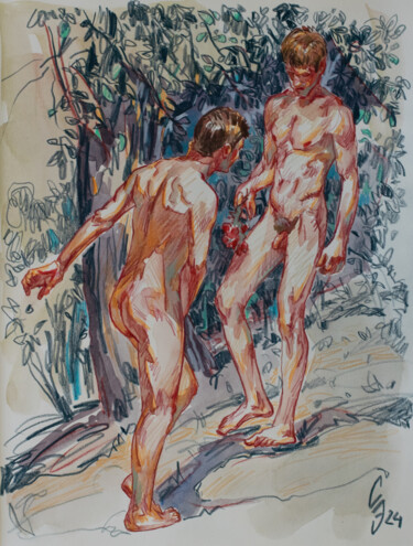 Disegno intitolato "Bathers on the rive…" da Sergey Sovkov, Opera d'arte originale, Acquarello