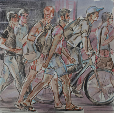 Drawing titled "On the sidewalk" by Sergey Sovkov, Original Artwork, Watercolor