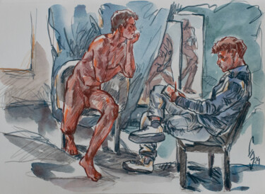 Tekening getiteld "In the artist's stu…" door Sergey Sovkov, Origineel Kunstwerk, Aquarel