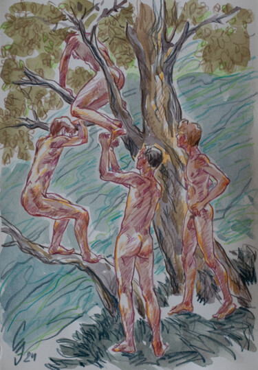 Drawing titled "Climbing a tree" by Sergey Sovkov, Original Artwork, Conté