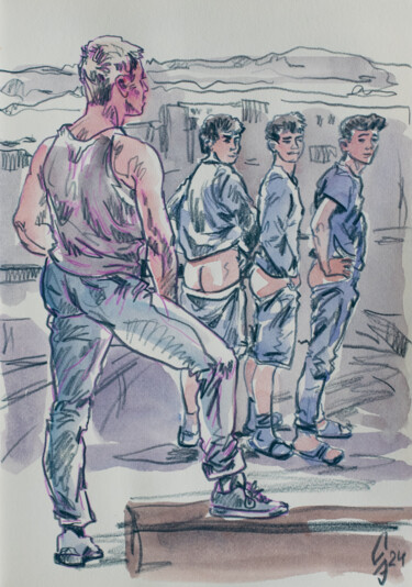 Disegno intitolato "Naked Ass Team" da Sergey Sovkov, Opera d'arte originale, Acquarello