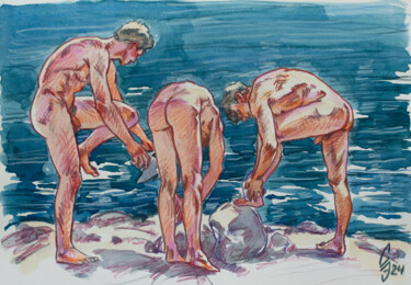 Dessin intitulée "After swimming by t…" par Sergey Sovkov, Œuvre d'art originale, Aquarelle