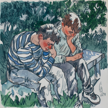 Drawing titled "Sitting together" by Sergey Sovkov, Original Artwork, Watercolor