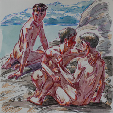 Drawing titled "On the shore of the…" by Sergey Sovkov, Original Artwork, Conté