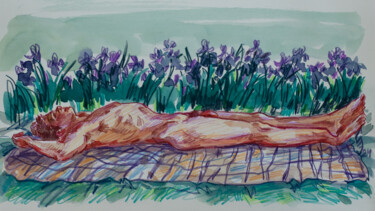 Drawing titled "Irises in the garden" by Sergey Sovkov, Original Artwork, Conté