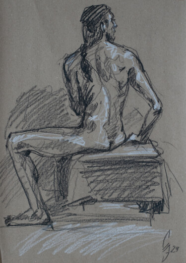 Zeichnungen mit dem Titel "Adrian posing 1" von Sergey Sovkov, Original-Kunstwerk, Conté-Buntstifte